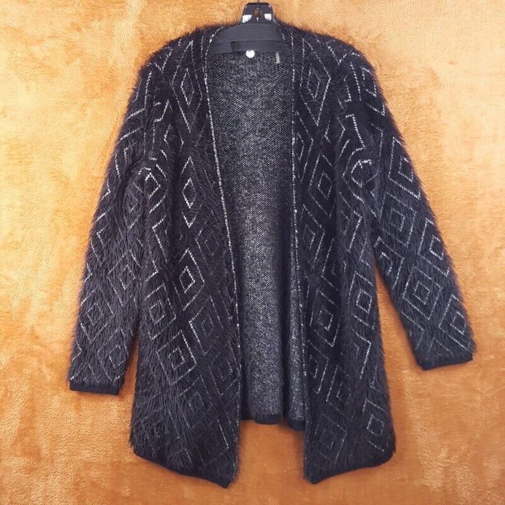 MARGARET OLEARY Womens Sweater Medium Black Diamond Cardigan Chunky Knit Eyelash